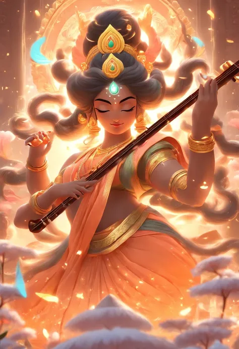 (((Saraswati))) best quality, ultra-high resolution, 4K detailed CG, masterpiece, Hindu Goddess,goddess of music, Hindu mythology, ((with a veena)), Hindu image, aesthetic, screen-centric