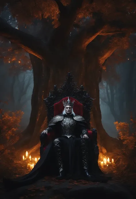 two dark elf kings and an elf queen, all dressed in black armor covered in darkness, all sitting on a single large throne that sits on a gigantic white tree