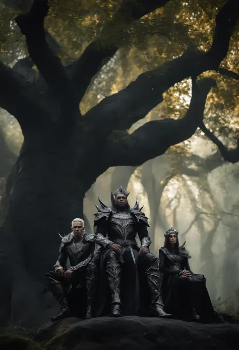 two dark elf kings and an elf queen, all dressed in black armor covered in darkness, all sitting on a single large throne that sits on a gigantic white tree