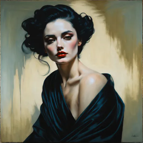 chiaroscuro technique on sensual illustration of an elegant 1980s woman, vintage beauty, eerie, the model draped in flowing, thi...