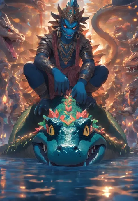 (((VARUNA))) best quality, ultra-high resolution, 4K detailed CG, masterpiece, Man, HINDU god, Hindu mythology, ((on top of an alligator)), Hindu image, aesthetic, screen-centric