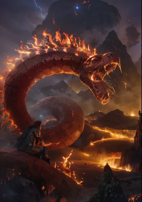 A giant fire snake coming out of a volcano with a group of rpg adventurers in the background. Capa de romance, arte digital, 8k, fantasia