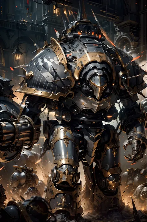 Photo of a knight class Titan, extremely large,black armour, extremely huge gattling guns,damaged armour,red visors,night, absolutely stunning art, extremely detailed, highest quality digital art ,