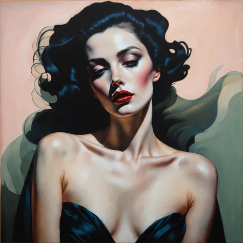 chiaroscuro technique on sensual illustration of an elegant 1980s woman, vintage beauty, eerie, the model draped in flowing, thick oil painting, by Hannah Dale, by Harumi Hironaka, extremely soft colors, vibrant, highly detailed, malcolm liepke painting, o...