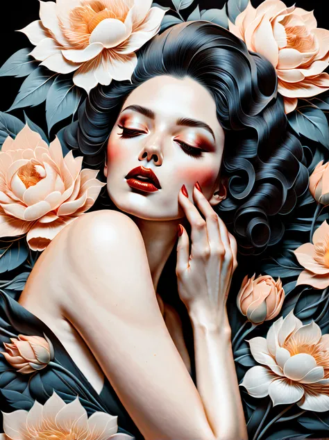 chiaroscuro technique on sensual illustration of an elegant , retro and vintage ,silky flower around body, matte painting, by Hannah Dale, by Harumi Hironaka, extremely soft colors, vibrant, pastel, highly detailed, digital artwork, high contrast, dramatic...