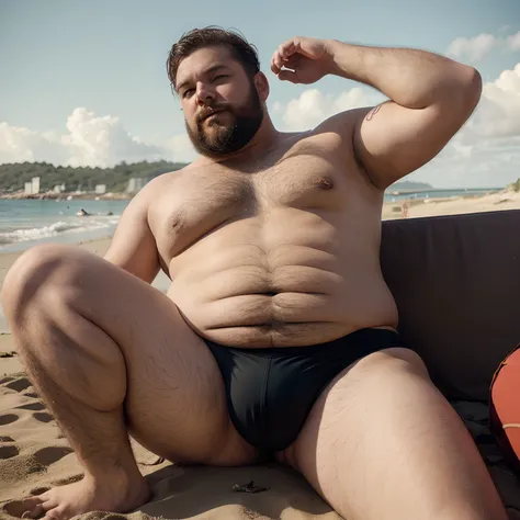 Chubby bear bearded man , vintage style like Irving pinups , on a beach wearing briefs