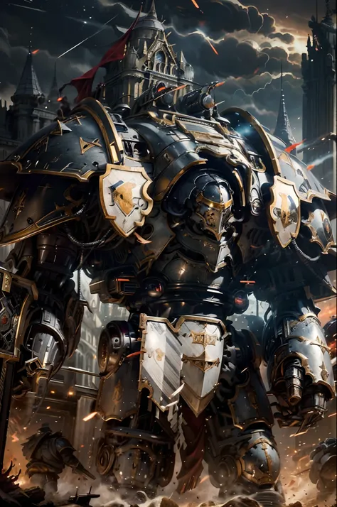 photo of a knight class titan, extremely large,black armour, extremely huge gattling guns,damaged armour,red visors,night, absol...