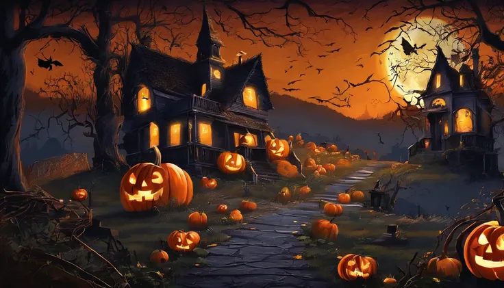 (best quality,4k,8k,highres,masterpiece:1.2),ultra-detailed,(realistic,photorealistic,photo-realistic:1.37),halloween,dark atmospheric,spooky,haunted forest,full moon,bat,witch,creepy pumpkin,potion,ghost,witch hat,black cat,candlelight,enchanted,wispy fog...