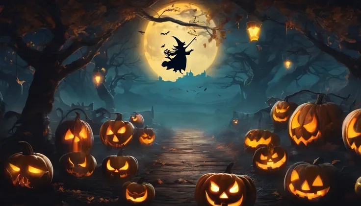 (best quality,4k,8k,highres,masterpiece:1.2),ultra-detailed,(realistic,photorealistic,photo-realistic:1.37),halloween,dark atmospheric,spooky,haunted forest,full moon,bat,witch,creepy pumpkin,potion,ghost,witch hat,black cat,candlelight,enchanted,wispy fog...