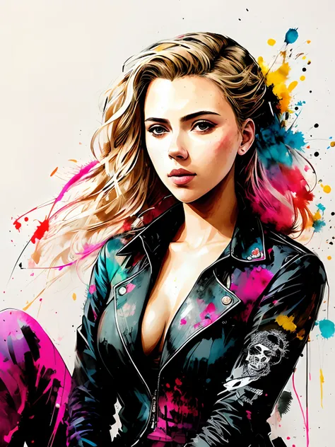 Scarlett Johansson sticker of a braided blonde costume full body image of a beautiful woman sitting and holding a glock, knee tights, rosto bonito altamente detalhado, Sugar Skull, arte banksy, rosas, caveiras, liberdade, soul, digital illustation, comiс s...