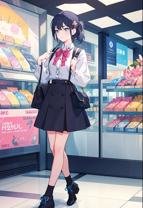 a feminine boy at a mall, wearing a skirt, cute