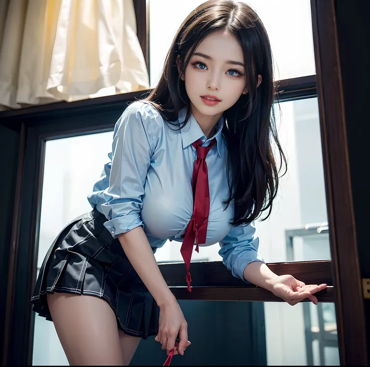 top-quality、 ​masterpiece、(Professional lighting without shadows)、 A hyper-realistic、 Bewitching、 perfect anatomia、 Two girls, (Girl proudly standing in front of camera shows off high school girl uniform、Another girl on the other side、Bend over and stick y...