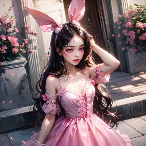 a women, pink bunny ears, black hair, pink eyes, pink dress