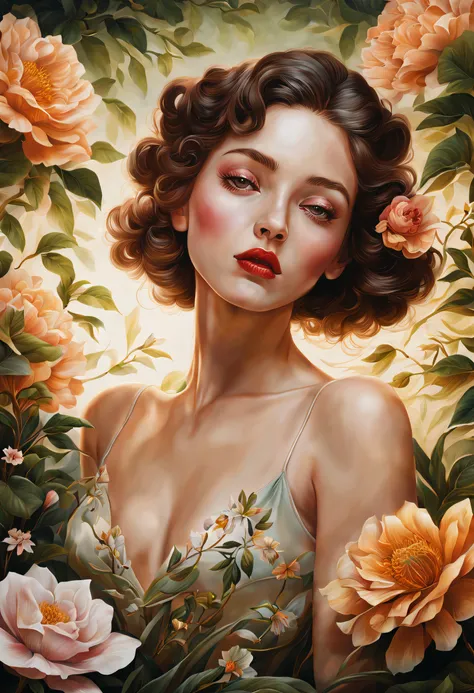 chiaroscuro technique on sensual illustration of an elegant , retro and vintage ,silky flower around body, matte painting, by Hannah Dale, by Harumi Hironaka, extremely soft colors, vibrant, pastel, highly detailed, digital artwork, high contrast, dramatic...