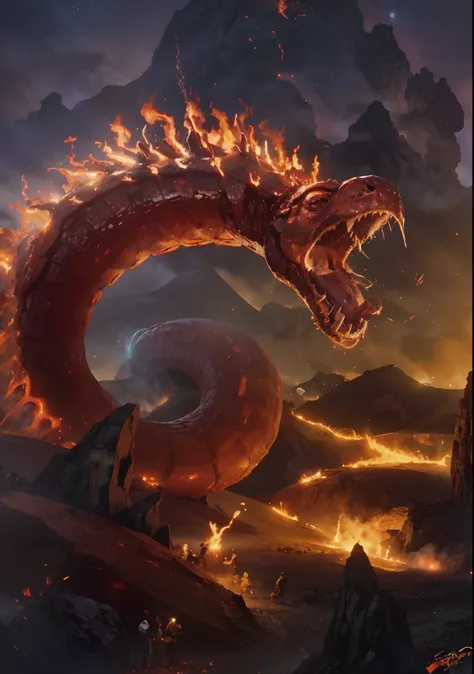 A giant fire snake coming out of a volcano with a group of rpg adventurers in the background. Capa de romance, arte digital, 8k, fantasia