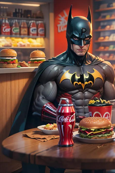 homem aranha no mc donalds comendo o big mac e tomando uma coca-cola, sentado numa mesa com o batman e o homem de ferro, personagens da marvel, melhor qualidade 8k, master part, ultra detalhado, foto realista, cores vibrantes e intensas, alto contraste, de...