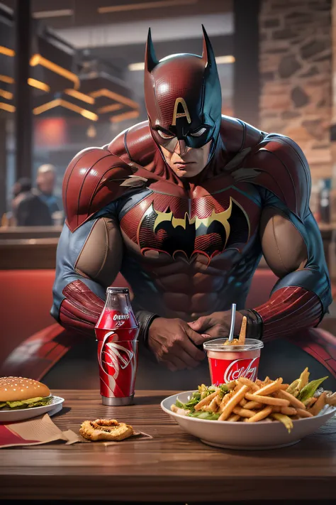 homem aranha no mc donalds comendo o big mac e tomando uma coca-cola, sentado numa mesa com o batman e o homem de ferro, personagens da marvel, melhor qualidade 8k, master part, ultra detalhado, foto realista, cores vibrantes e intensas, alto contraste, de...