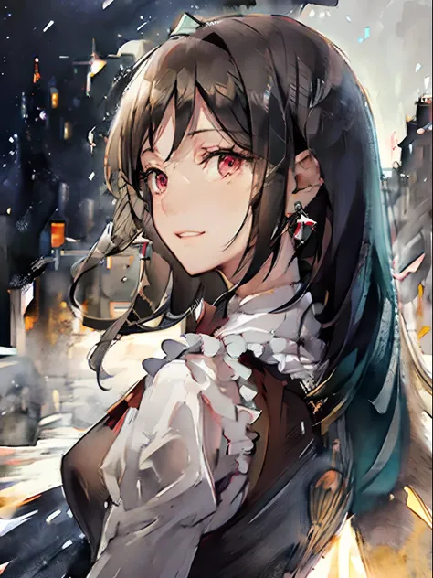 masterpiece:1.3, concept art, illustration, mature females, 29 years old, perfect face, sad teeth smile, sad face, detailed eyes, detailed face, huge breasts, beautiful skin, ((red eyes)), expressive eyes, brunette, ribbon in hair, earrings, maid dress, si...