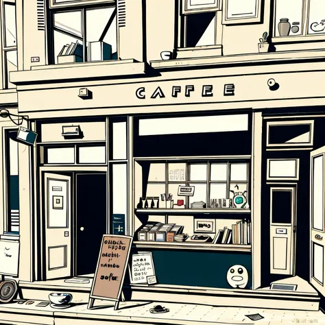 There is a small coffee shop down the street, cafe shop, Flat illustration style,Black tick line， jaeyeon nam, sangsoo jeong, seseon yoon, Kim Hyun-joo, small hipster coffee shop, kawa, Drawing illustration