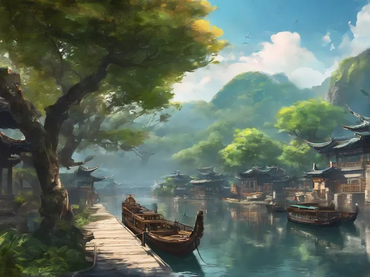 (Best quality, 4K, 8K, high resolution), Ultra-detailed, (Realistic, Photorealistic, photo-realistic:1.37), Chinese style, Town Marina, banyan tree,River side，There are water ripples on the surface of the river，Skysky，suns