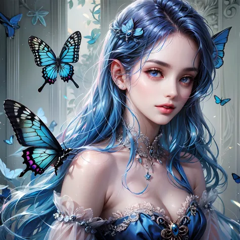 a women, blue butterfly, blue hair, pink eyes, blue dress