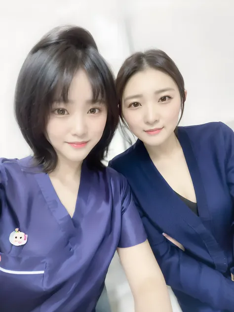 Two women in frosted suits pose for photos at the hospital, Ruan Jia and Fenghua Zhong, huang yuxing and aya takano, Ruan Jia and Artgerm, nixeu and sakimichan, (doctor), yoshitomo nara and aya takano, dilraba dilmurat, sakimichan, wenfei ye