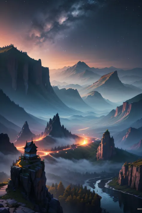 Very good 8KCG wallpapers, very fine 8K CG wallpaper, Layered Mountains, High Mountains, Streams, Chinese shabby house, legged, Dark Night, haze, rock formations,