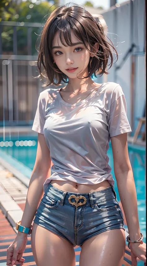 in poolside, panties small, ((tshirts)), Clothes are wet and see-through, Smiling smile, (NSFW), 1womanl, 独奏, 24 year old, 7headed body, (Ideal ratio body proportions), (Composition from head to thigh), erectile nipple, Sexy body, Wet, short-hair, A dark-h...