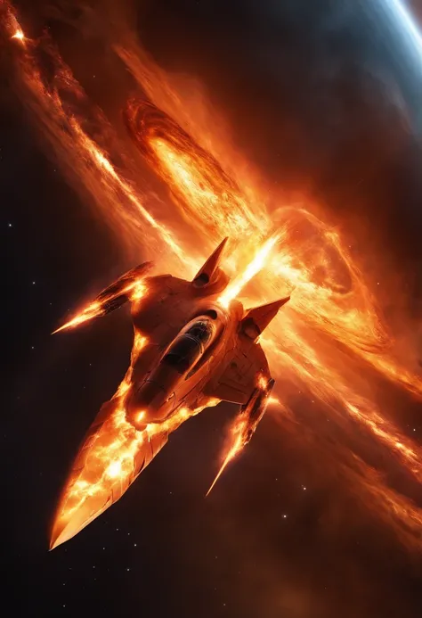 A fire elemental that looks like The Human Torch flying through space, using flames to combat a star fighter ship.