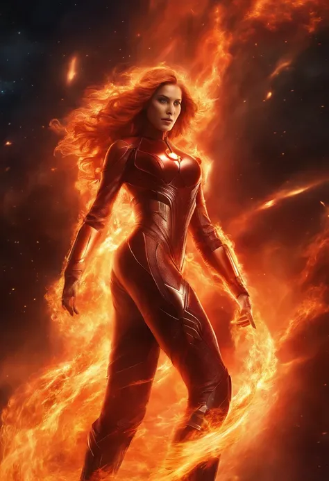 A female fire elemental that looks like The Human Torch flying through space, using flames to combat a star fighter ship.