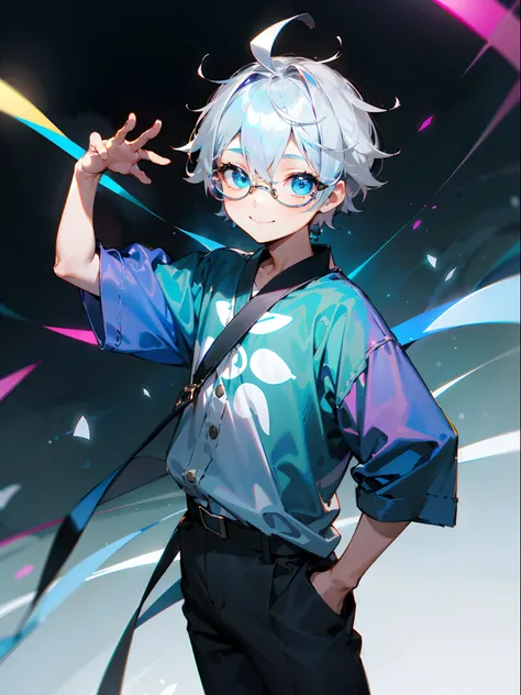 (Male child, eye glasses,blue eyess，A smile, silber hair)，独奏、Iridescent background、Leader Model Pose