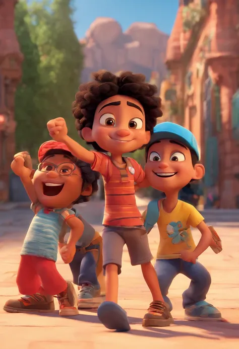 a disney pixar image lookalike 3d animation with ten mixed-race kids desperatly running from a container catching fire and a black vulture buzzard character with crossed arms and a red and black horizontally striped shirt in the front with a naughty smile