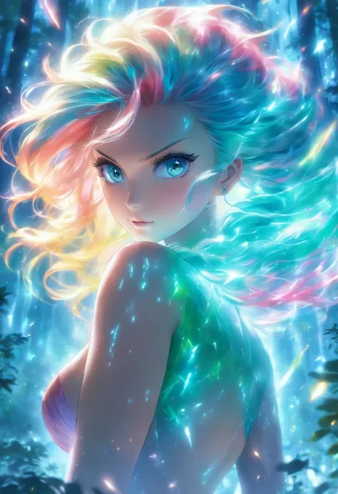 (bestquality,10,10,highres,masterpiece:1.2),ultra-detail,(Realistic,photorealistic portrait,photo-realistic:1.37)(1 Big breasts.4),Female with teal eyes glowing,Rainbow hair,Cast a glow spell.,Mysterious Forest,illustration,Charming atmosphere,vibrant colo...