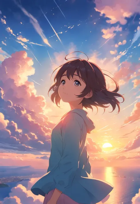 masterpiece, best quality, movie still, 1girl, cloud girl, floating in the sky, close-up, bright, happy, warm soft lighting, sunset, (sparks:0.7)