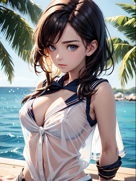 Close  up of face, beautiful face, cute face, (((toppless))), (((sheer sailor  shirt , Sleeveless ))), (((Show off  cleavage))), (((Large breasts))), (((Open front))), Detailed beautiful eyes, (((Sunny))), extremely detailed CG unified 8k wallpaper, very f...