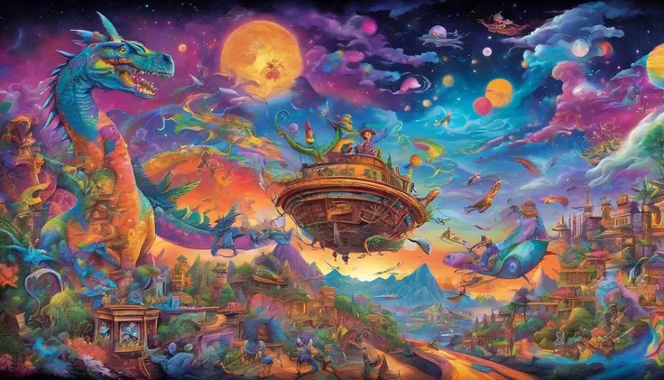 a magical dreamworld made of color and music, people riding dinosaurs, ninjas, massive airships flying around with a swirling beautiful galaxy overhead