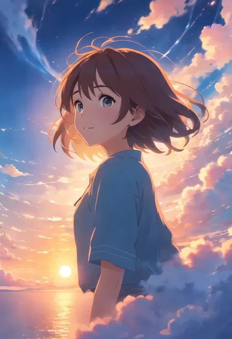 masterpiece, best quality, movie still, 1girl, cloud girl, floating in the sky, close-up, bright, happy, warm soft lighting, sunset, (sparks:0.7)