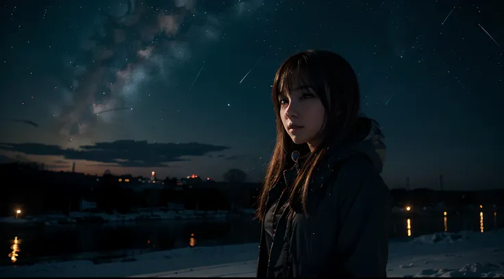 Anime girl on a dark night of starry sky