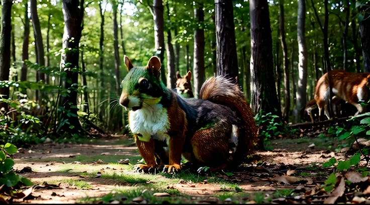 a woodland scene with a brave squirrel. Squirrel  is cleverly hiding under a bush, his eyes reflecting determination, as wild dogs approach in the background. The image should capture the essence of Squirrels  self-reliance and bravery in the face of dange...