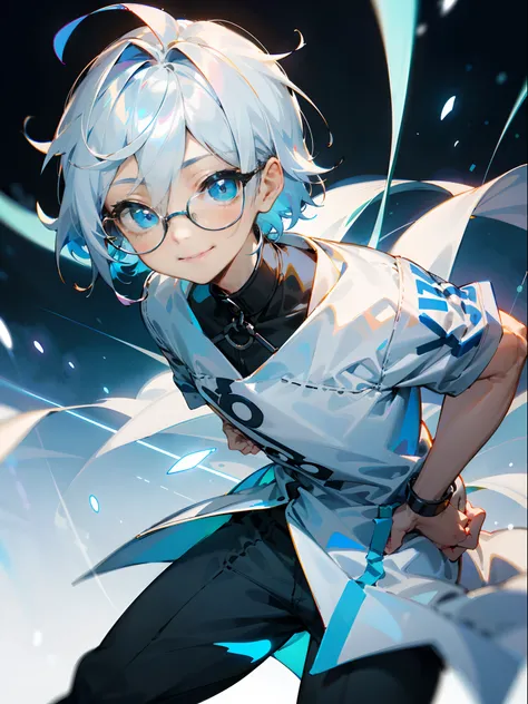 (Male child, eye glasses,blue eyess，A smile, silber hair)，独奏、Iridescent background、Leader Model Pose