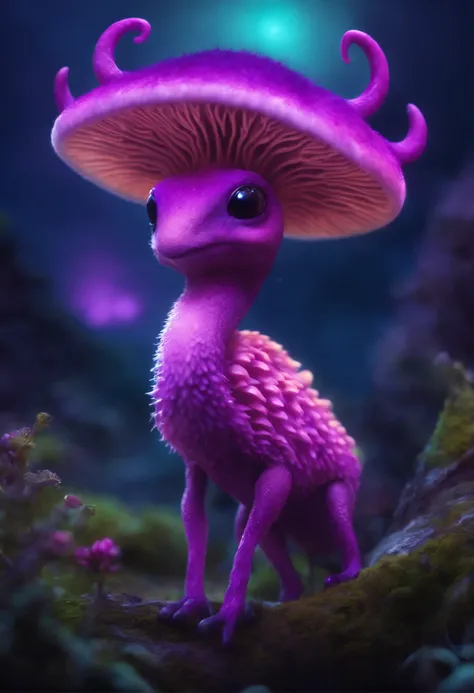 Cute mushroom creature  and purple fur and magenta antlers, glowing eyes, night sky full of Eldritch horror and tentacles, best quality, masterpiec