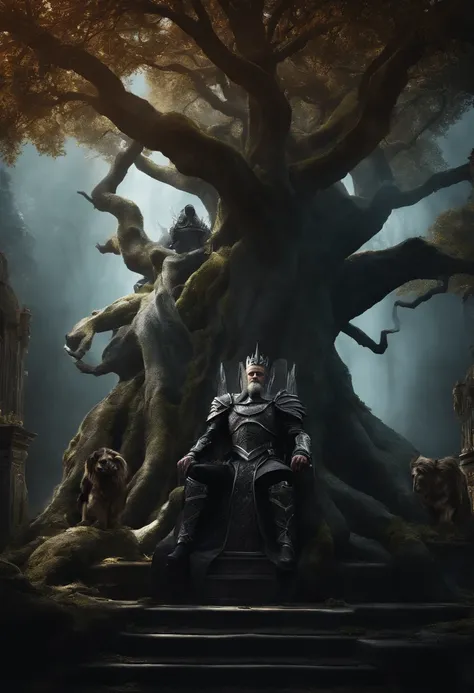 two dark kings and a queen, all dressed in black armor covered in darkness, all sitting on a large, single throne made from a gigantic mystical tree.