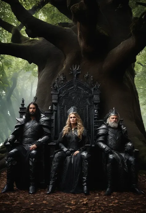 two dark kings and a queen, all dressed in black armor covered in darkness, all sitting on a large, single throne made from a gigantic mystical tree.