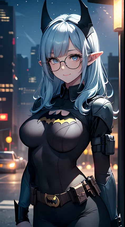masterpiece, a elf wearing batman clothes, she is alone at night, she is smilling, pefect face, expressive eyes,[: (light blue hair:1.3), (blunt bangs:1.3), circle glasses:8], (tight clothing), naughty,mischevious, (batman:1.5), clothes, batgirl, (black sh...