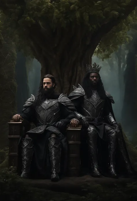 two dark kings and a queen, all dressed in black armor covered in darkness, all sitting on a large, single throne made from a gigantic mystical tree.