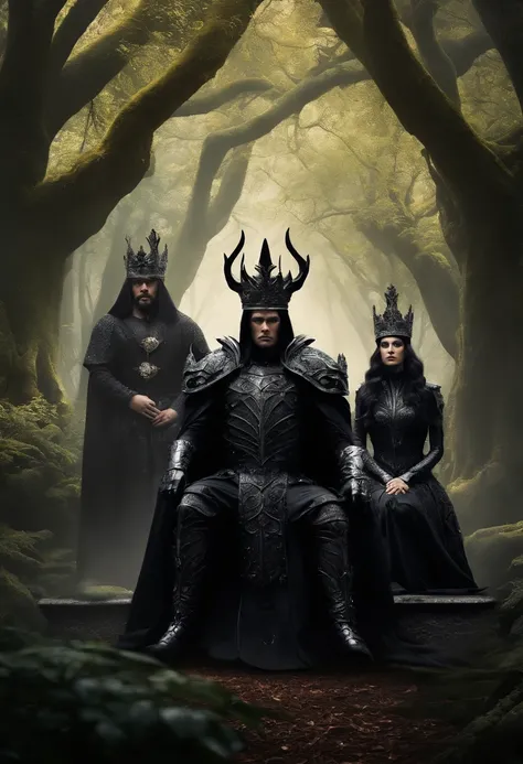 two dark kings and a queen, all dressed in black armor covered in darkness, all sitting on a large, single throne made from a gigantic mystical tree.