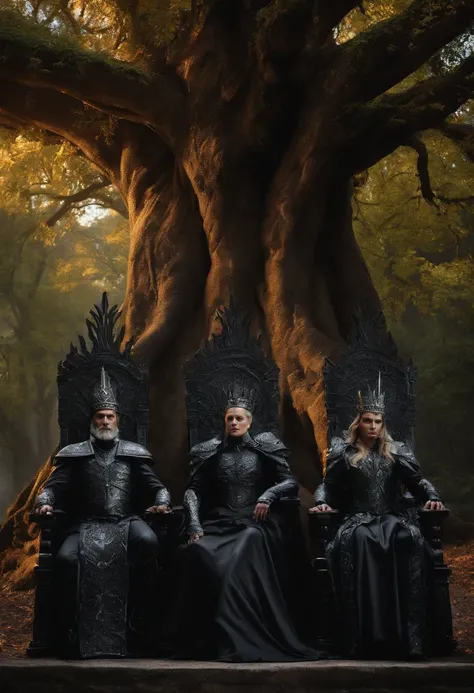 two dark kings and a queen, all dressed in black armor covered in darkness, all sitting on a large, single throne made from a gigantic mystical tree.