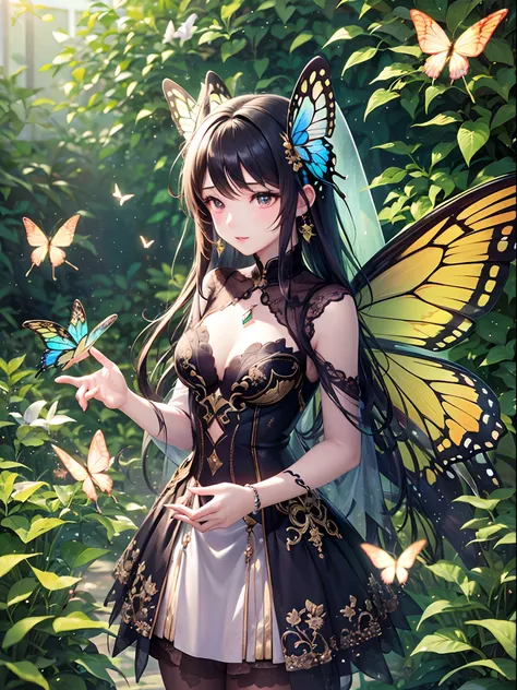 ((Finest quality)),(超A high resolution),(ultra-detailliert),(Meticulous portrayal),((Best CG)),(Finest works of art),Ultra-Precision Art,The art of astounding depiction, (One Fairy:1.8,teens girl),Swallowtail butterfly wings:1.6,Antennae of butterflies:1.6...