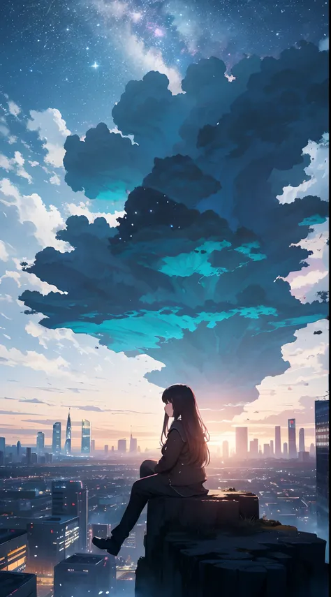 octans, sky, star (sky), scenery, starry sky, night, 1girl, night sky, solo, outdoors, building, cloud, milky way, sitting, tree, long hair, city, silhouette, cityscape