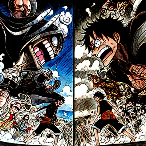 Two pages of a piece of a comic book with a picture of a man and a woman fighting, Directed by: Eiichiro Oda, Engrenagem Luffy 5, black and white manga page, award winning manga style, black and white manga panel, striking manga artstyle, from one piece, E...